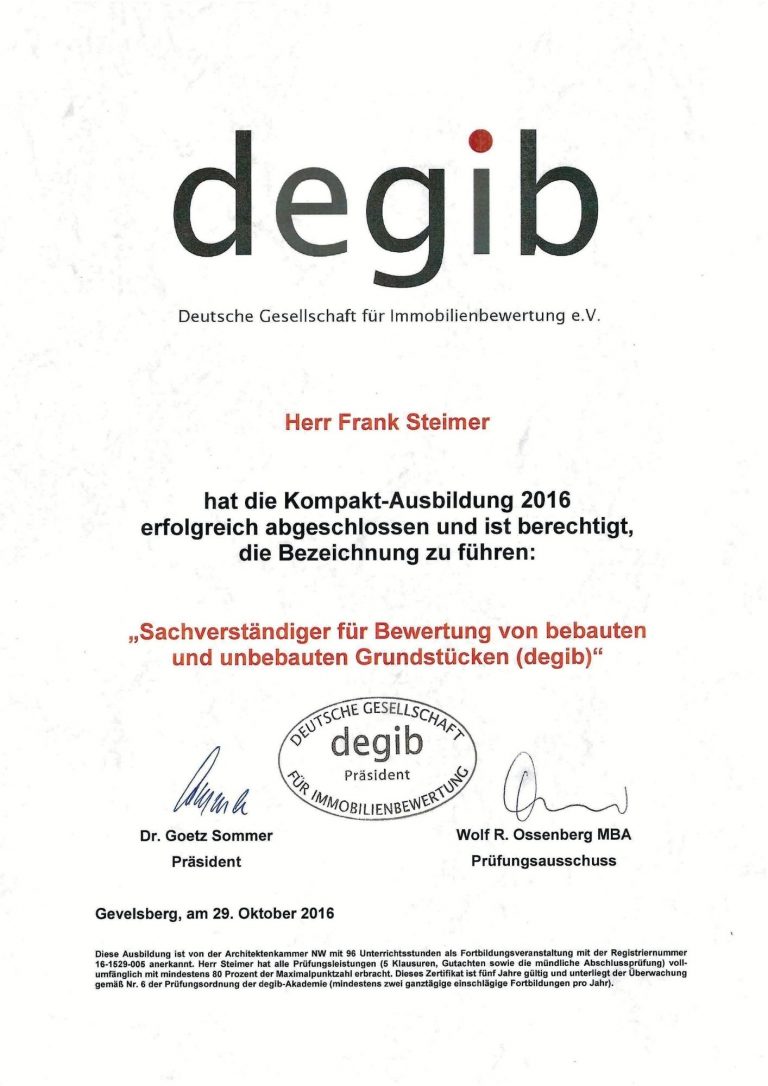 „Sachverständiger für Bewertung von bebauten und unbebauten Grundstücken