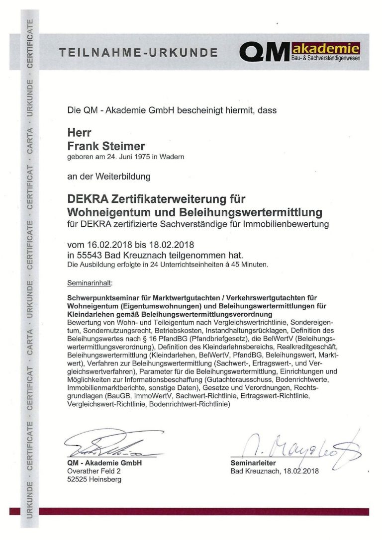 DEKRA Zertifikaterweiterung für Wohneigentum und Beleihungswertermittlung