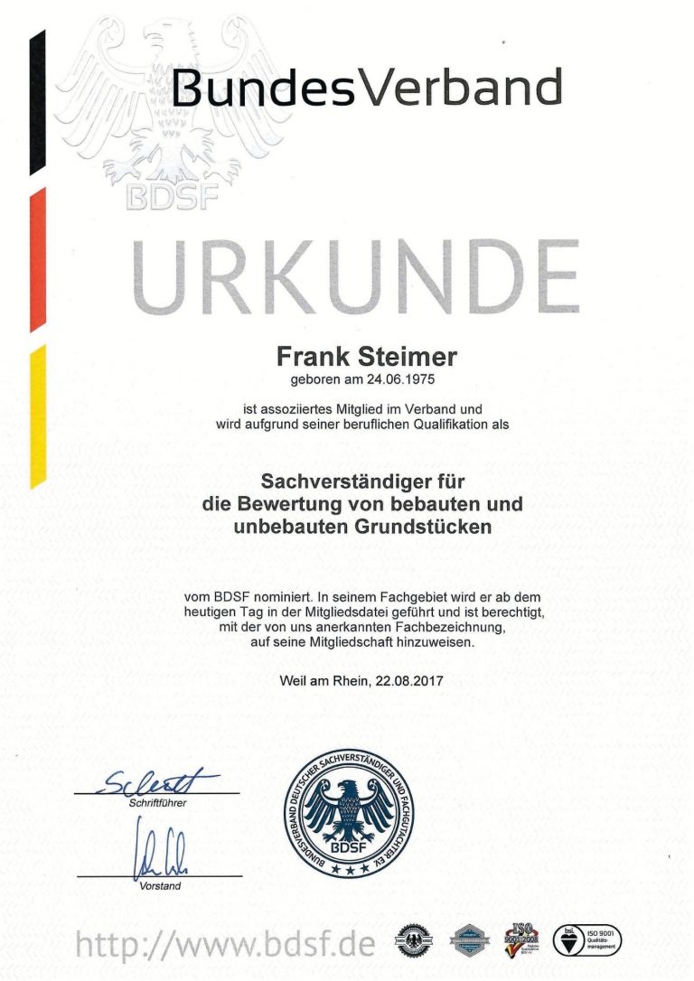 Sachverständiger für die Bewertung von bebauten und unbebauten Grundstücken