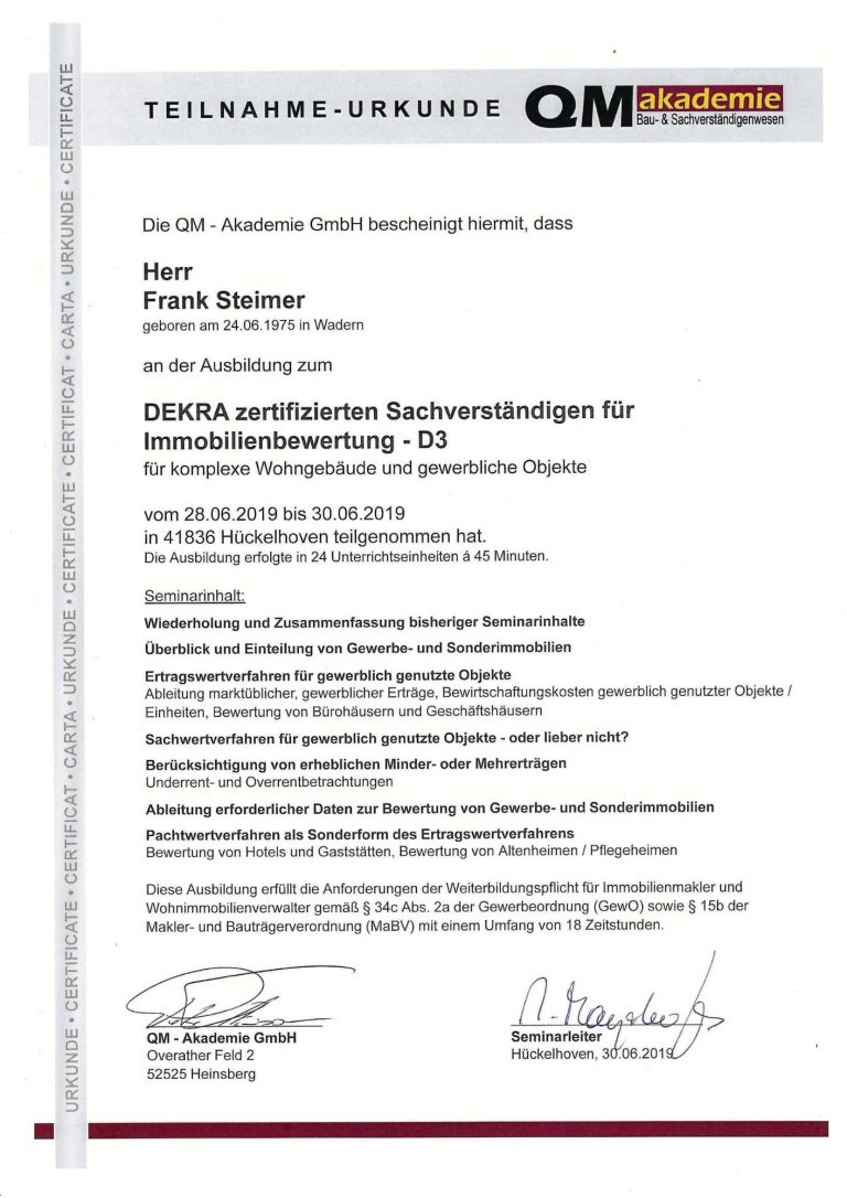 DEKRA zertifizierten Sachverständigen für Immobilienbewertung - D3